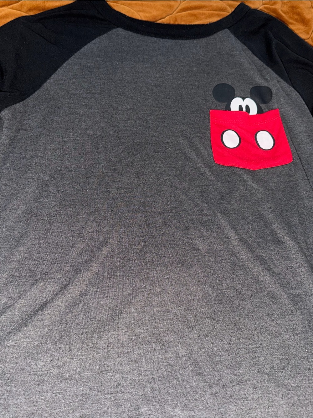 Disney Gray and Black Raglan Tee with Red Mickey Pocket Peek